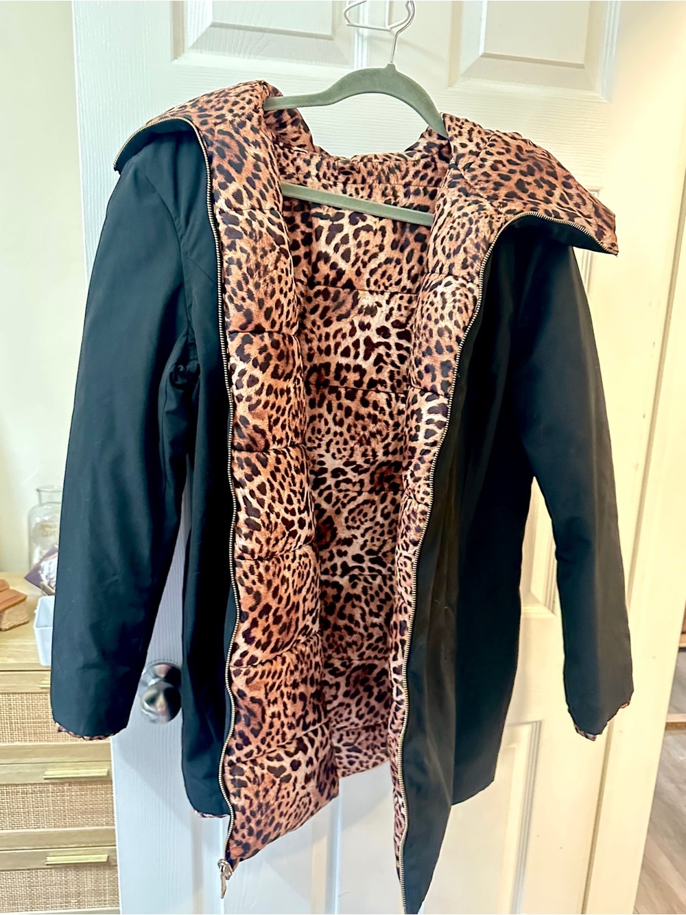 Reversible Leopard Print Winter Black Jacket
